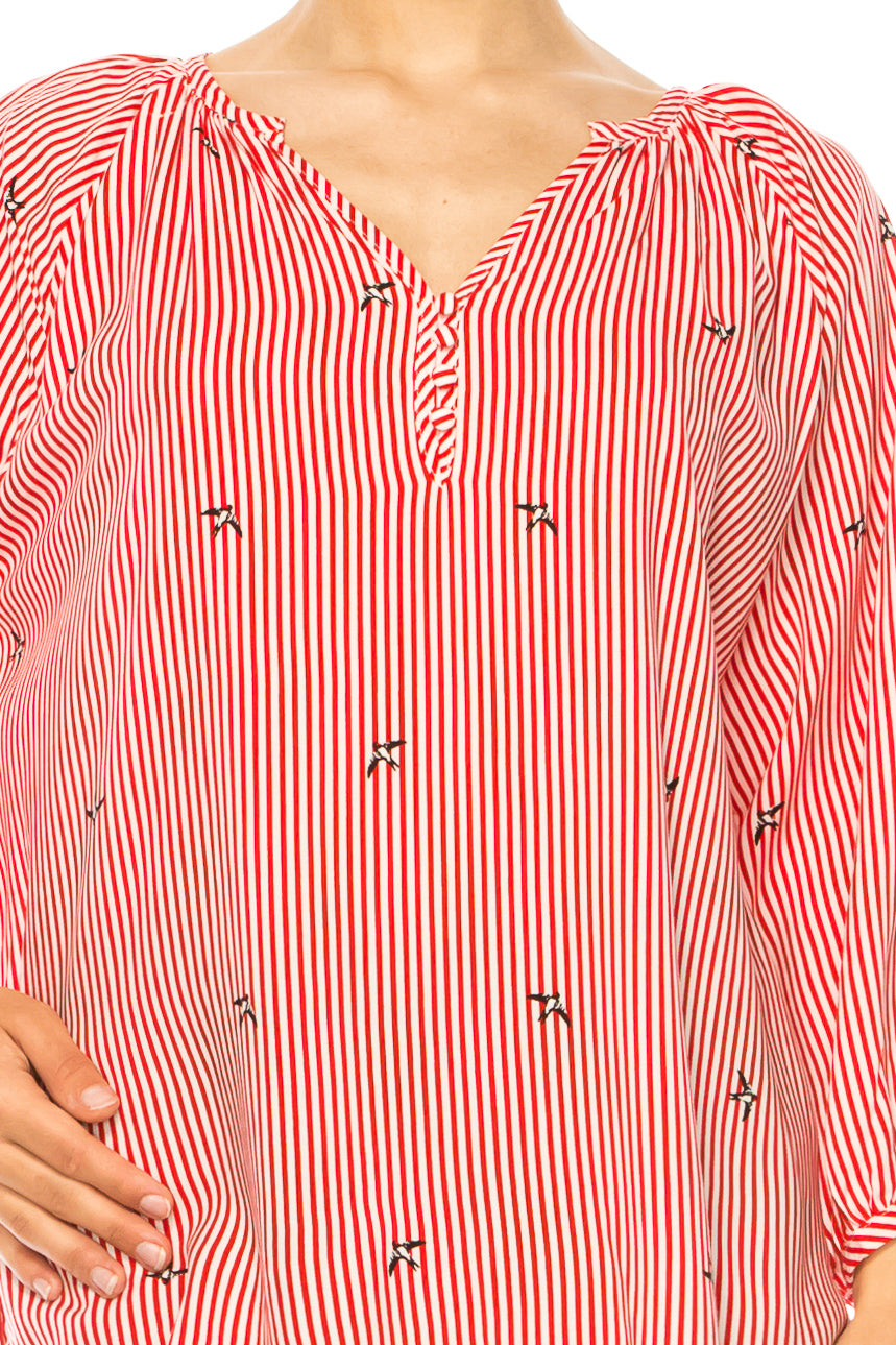 Grand & Greene Striped Bird Print Pullover Top