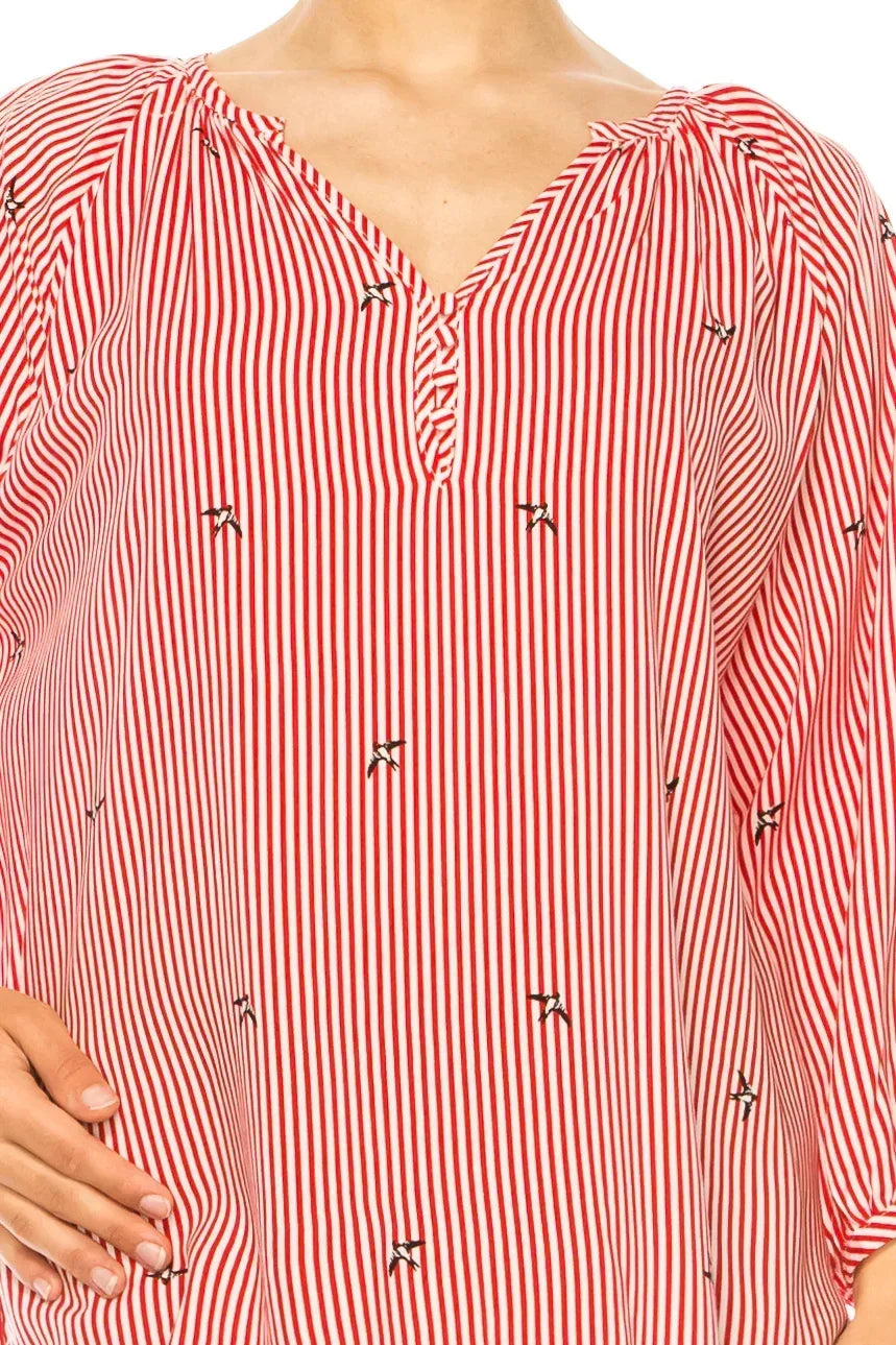 Women's red and white striped V-neck blouse with small bird embroidery