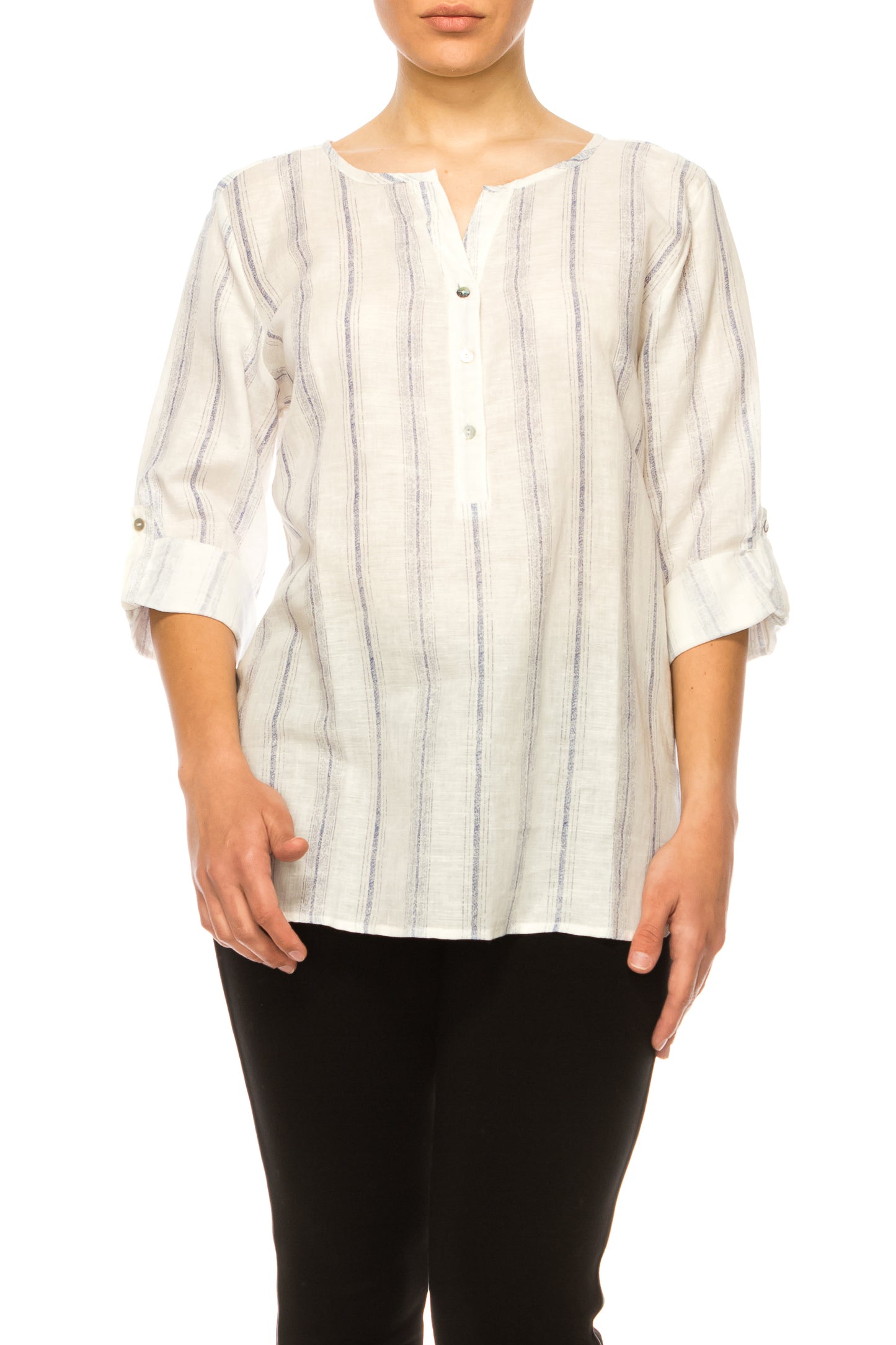 Hester & Orchard Striped Print Split Neck Top