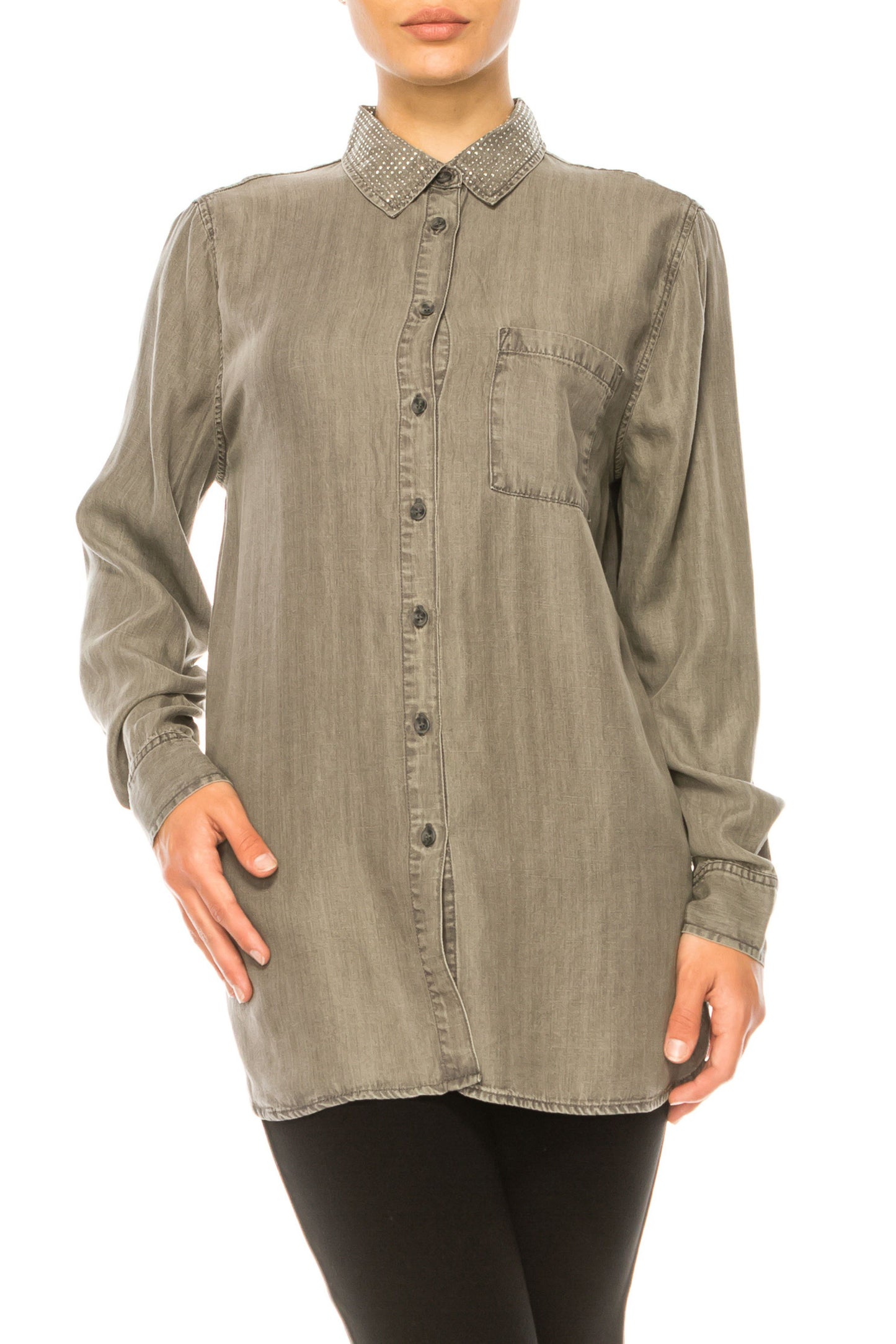Hester & Orchard Long Sleeve Rhinestone Collar Top