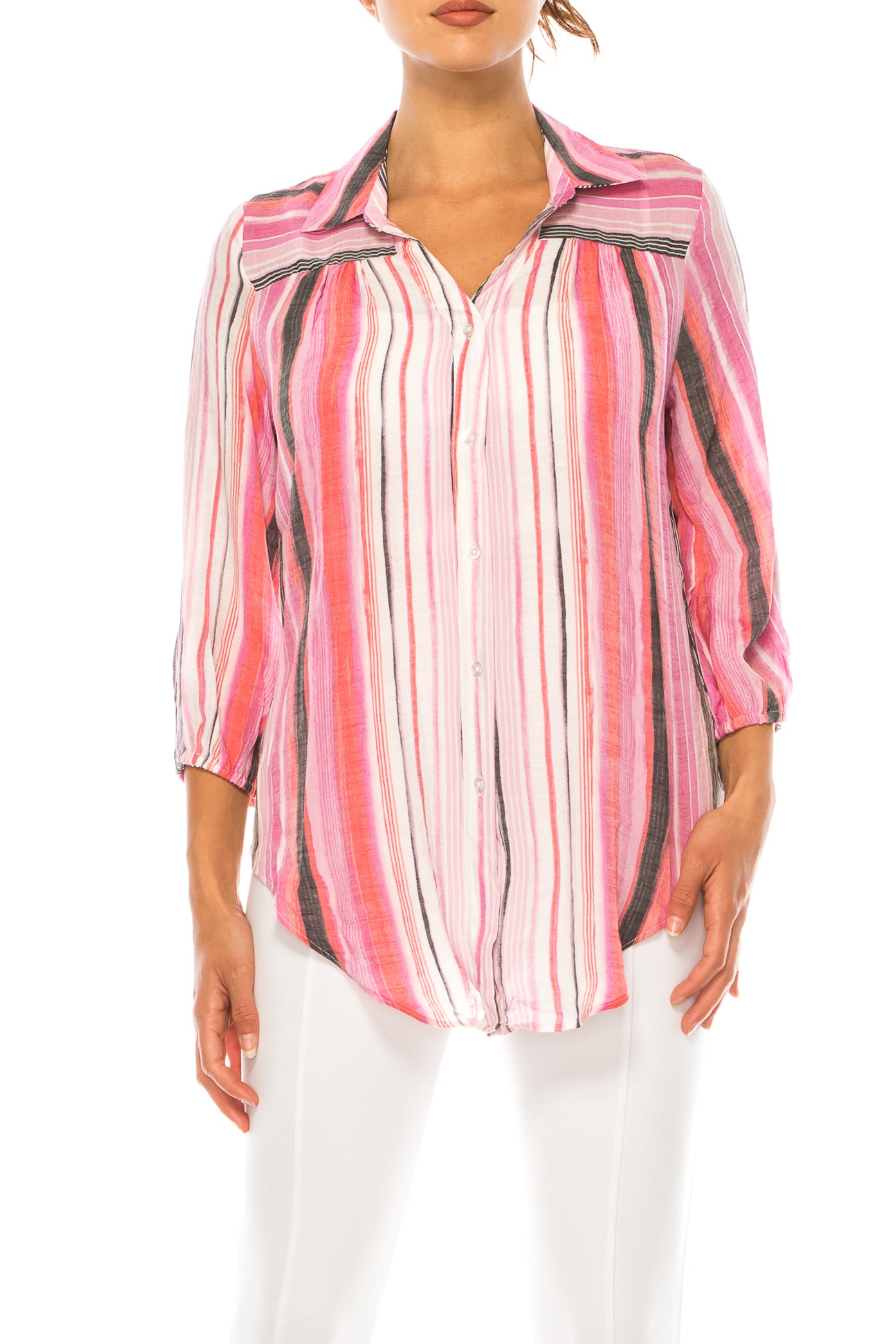 Hope & Harlow Striped 3/4 Sleeve Button Down Top