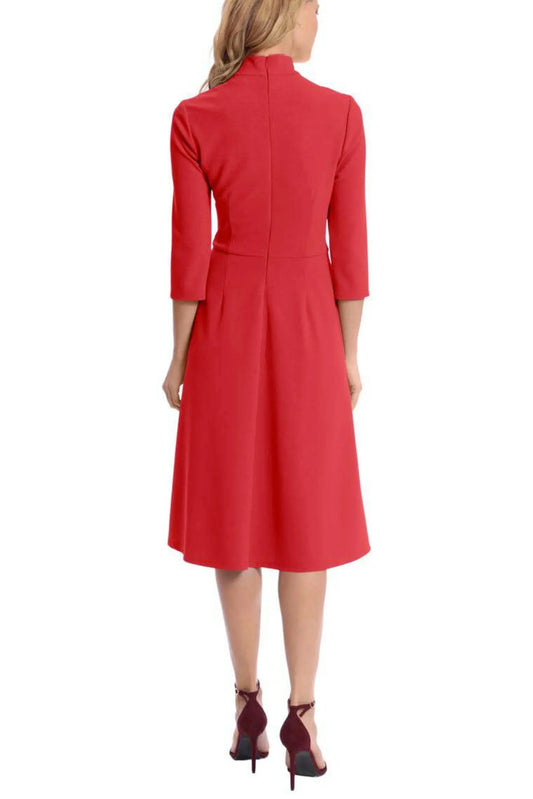 Back view of a woman wearing a red three-quarter sleeve A-line cocktail dress