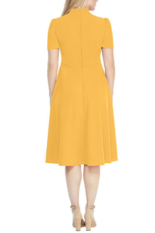 Back view of a woman wearing a mustard yellow short-sleeve A-line midi dress