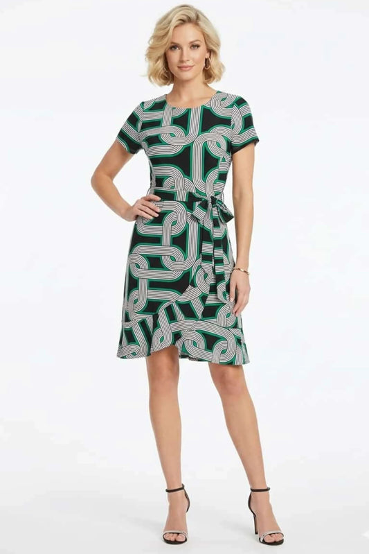 Jessica Rose Abstract Geometric Print Ruffle Wrap Dress