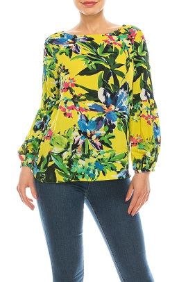 Jessica Rose Floral Boat Neck Bishop Sleeve Top