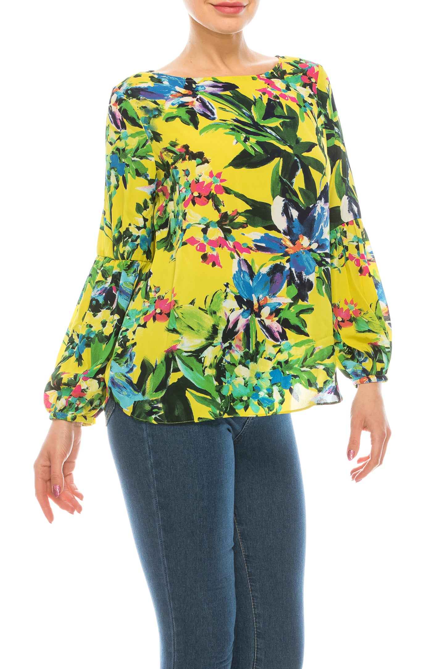 Jessica Rose Floral Boat Neck Bishop Sleeve Top