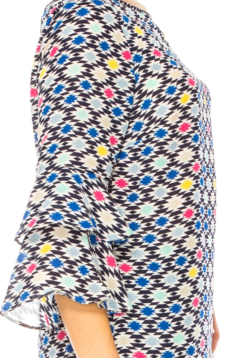 Jessica Rose Tiered Bell Sleeve Print Blouse