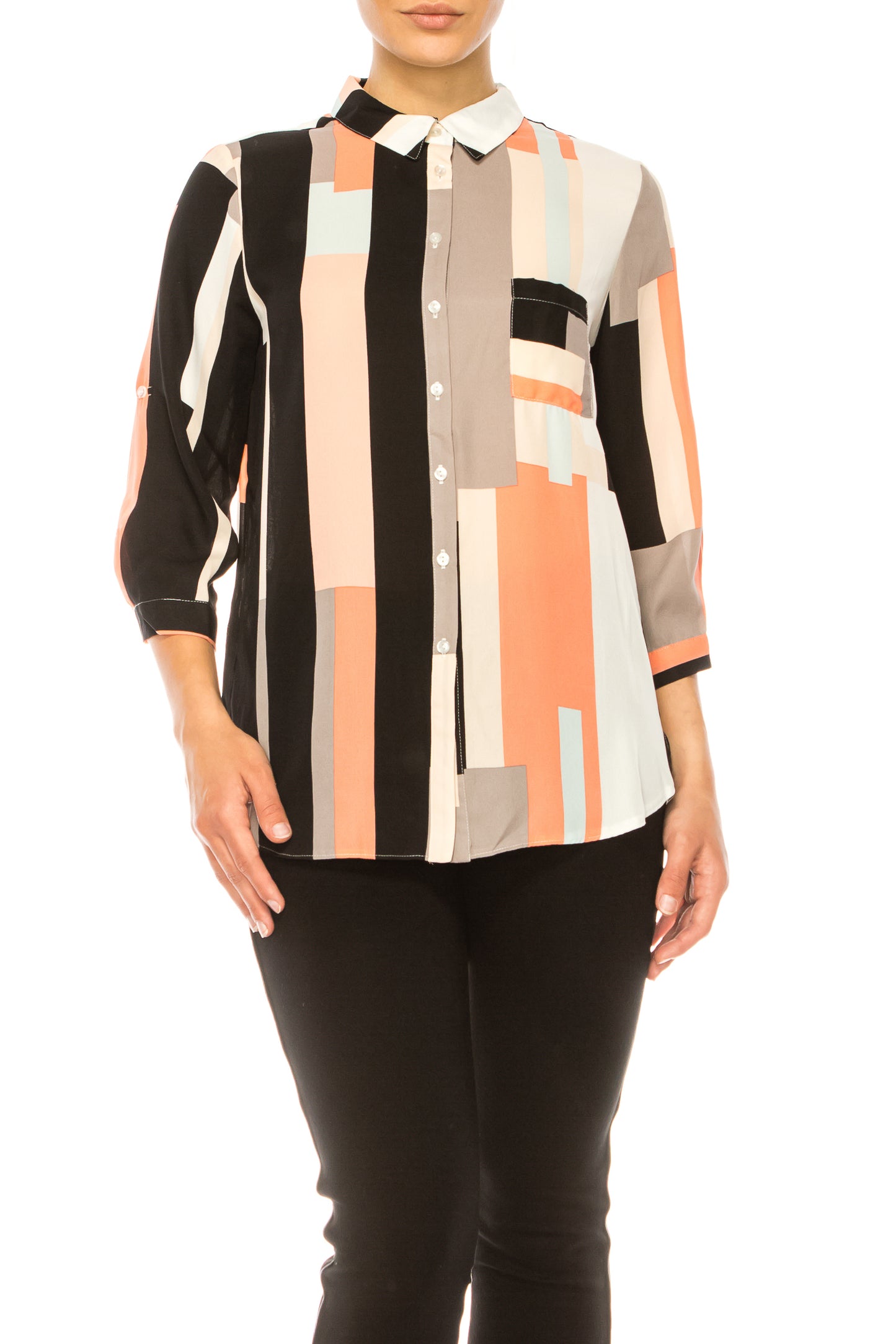 Jessica Rose Button Down 3/4 Sleeve Print Top