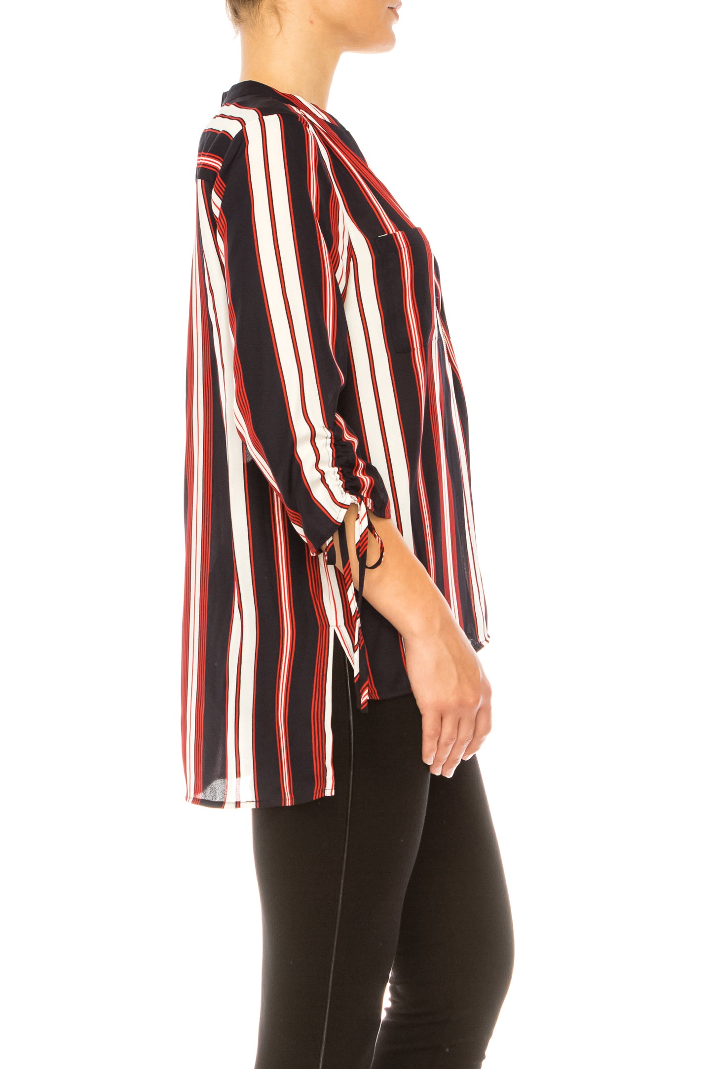 Jessica Rose Zippered Split-Neck Striped Top