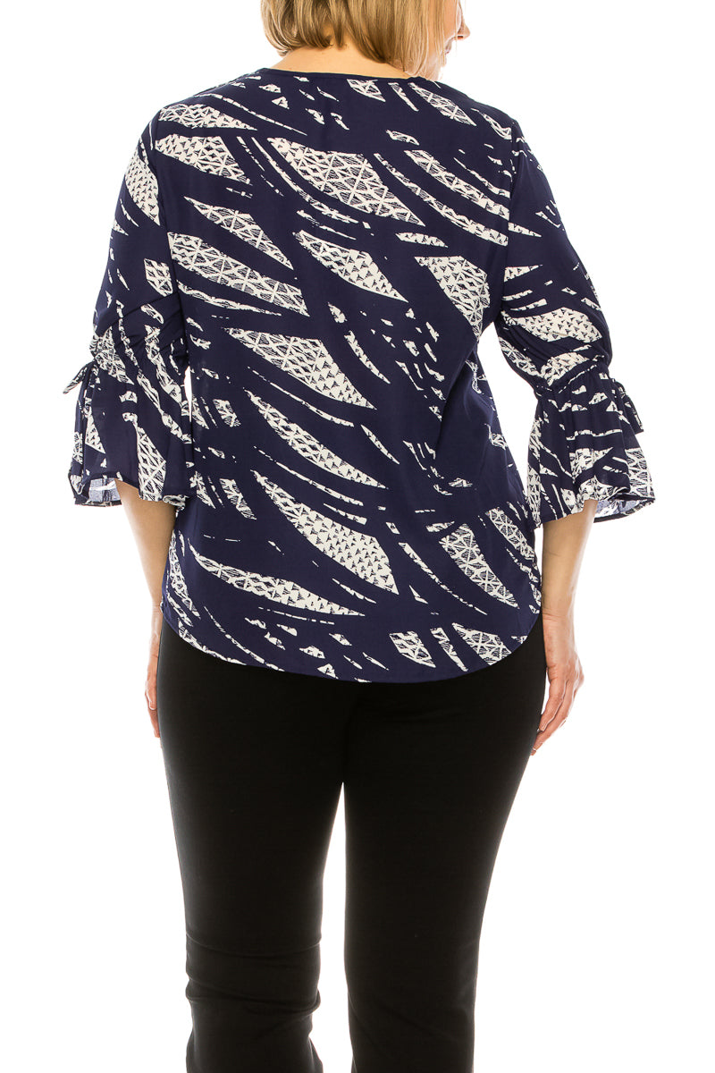 Jessica Rose 3/4 Tie Bell Sleeve Printed Top