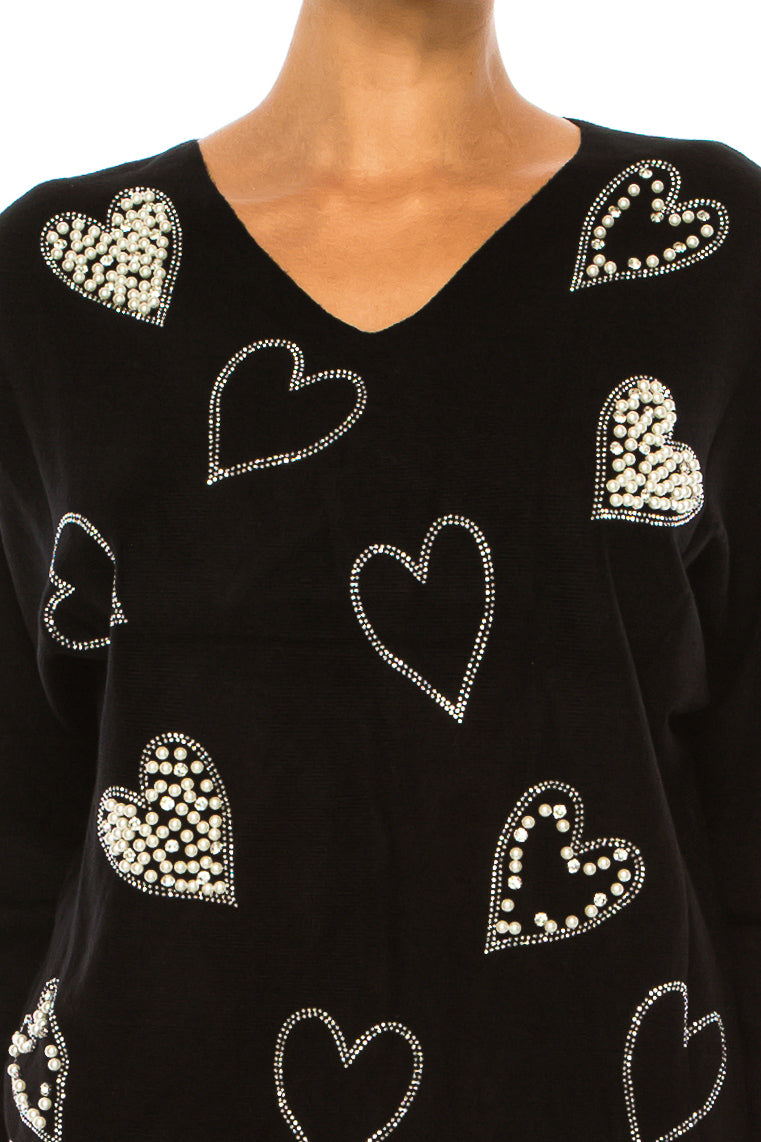 Liv Embellished Hearts V-Neck Pullover Sweater
