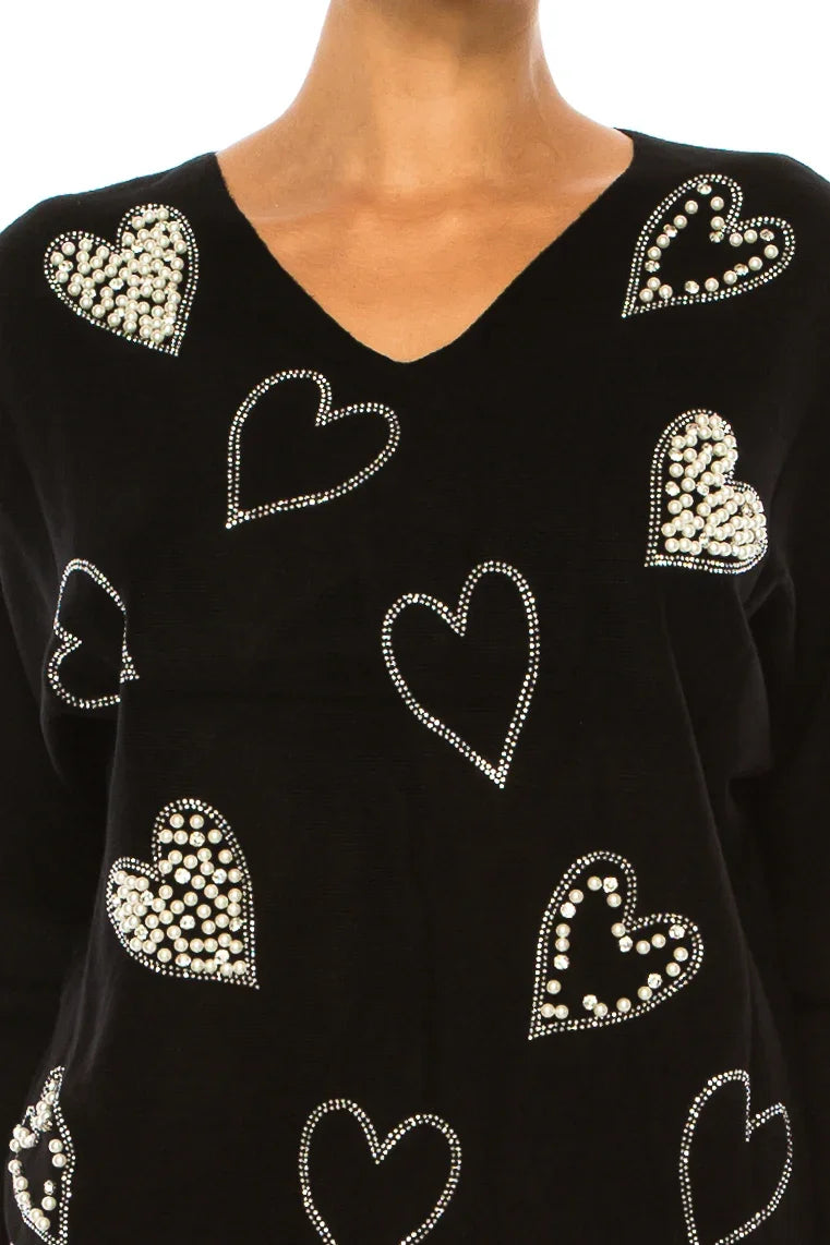 Liv Embellished Hearts V-Neck Pullover Sweater