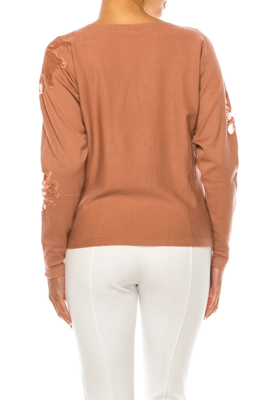 Liv Long Sleeve Floral Applique Pullover Sweater