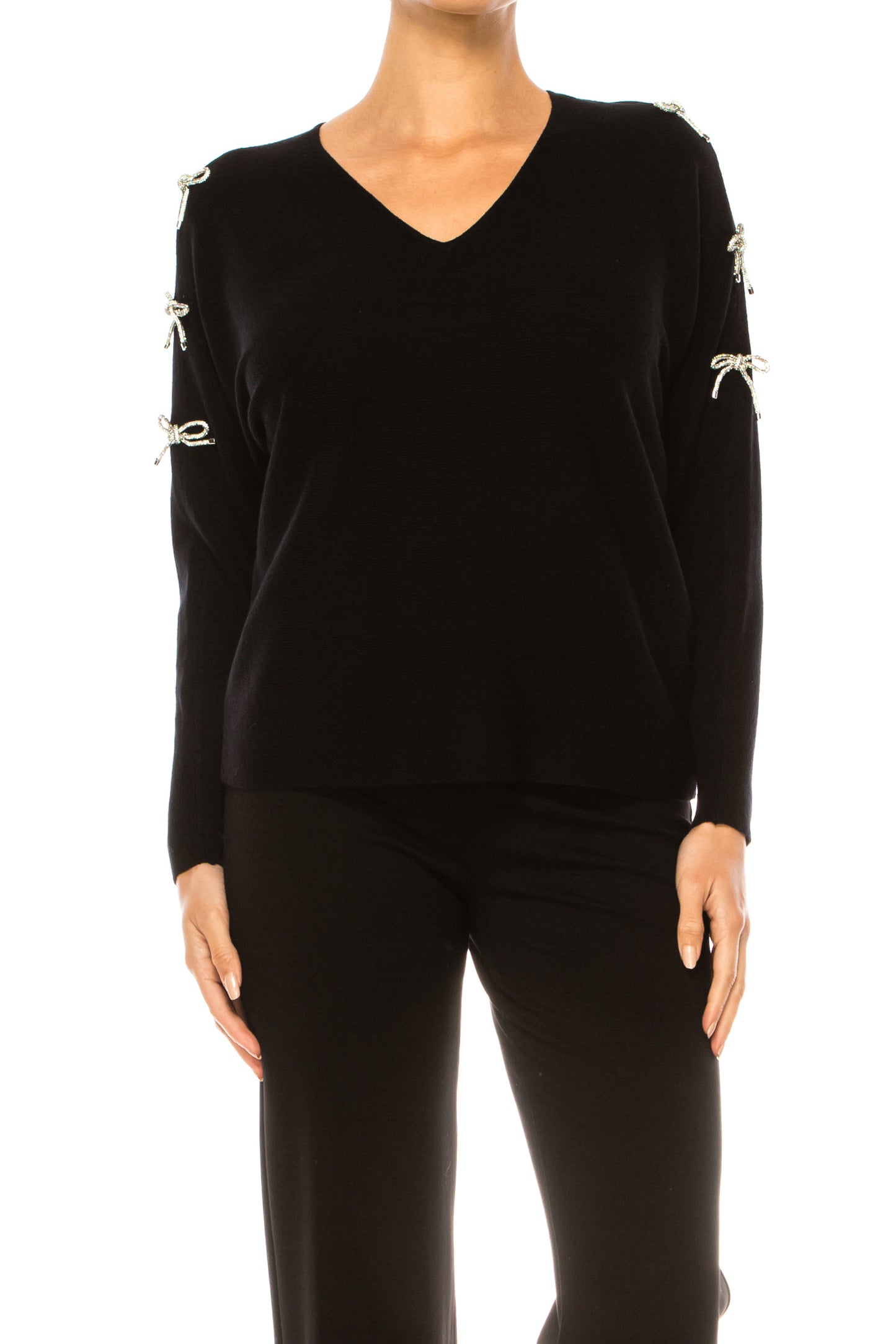 Liv Embellished Bow Sleeve V-Neck Pullover Sweater