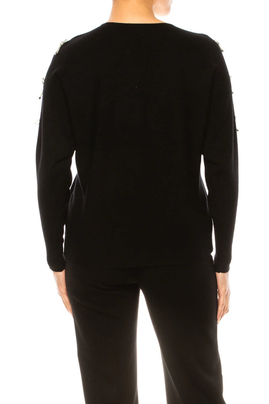 Liv Embellished Bow Sleeve V-Neck Pullover Sweater