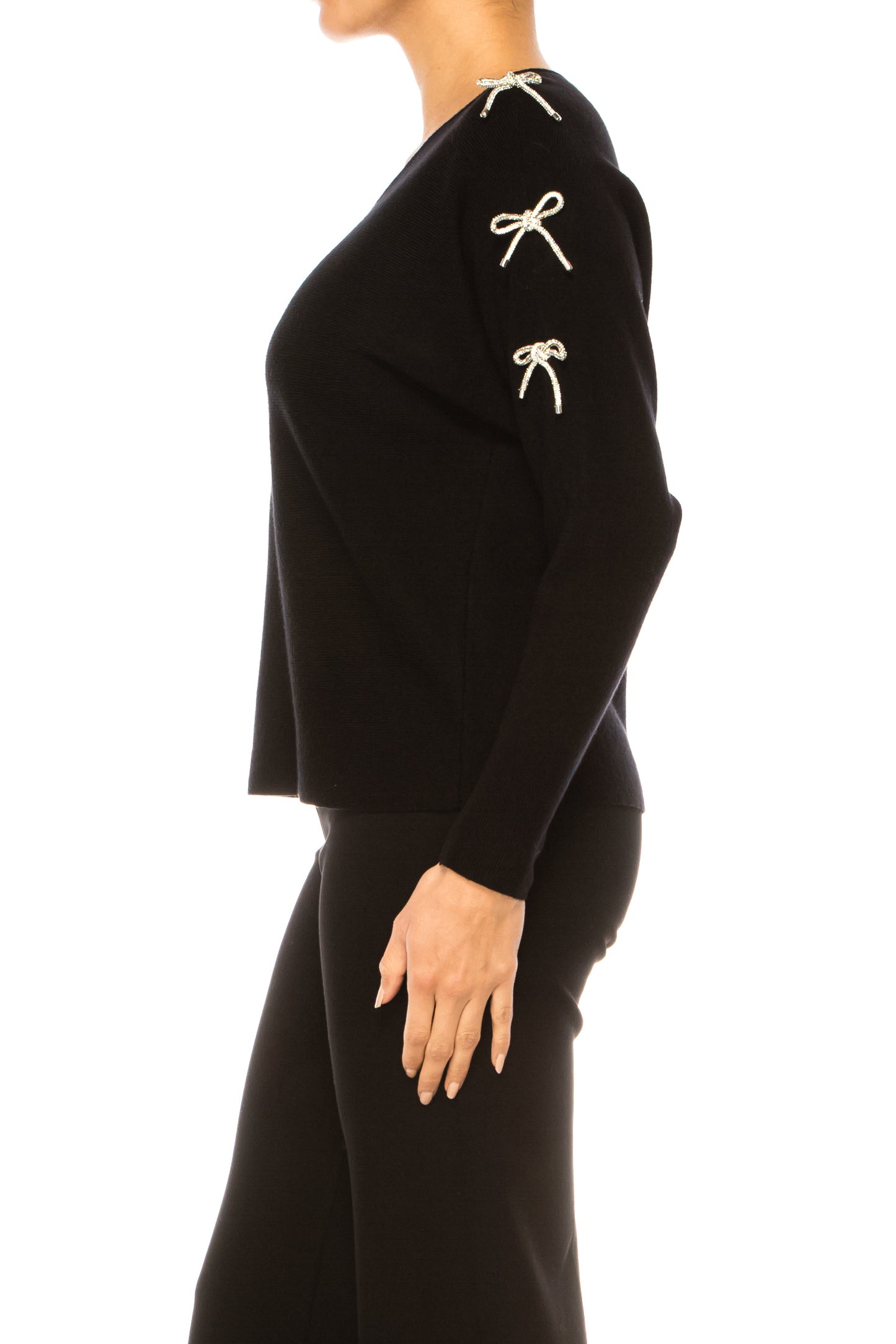 Liv Embellished Bow Sleeve V-Neck Pullover Sweater