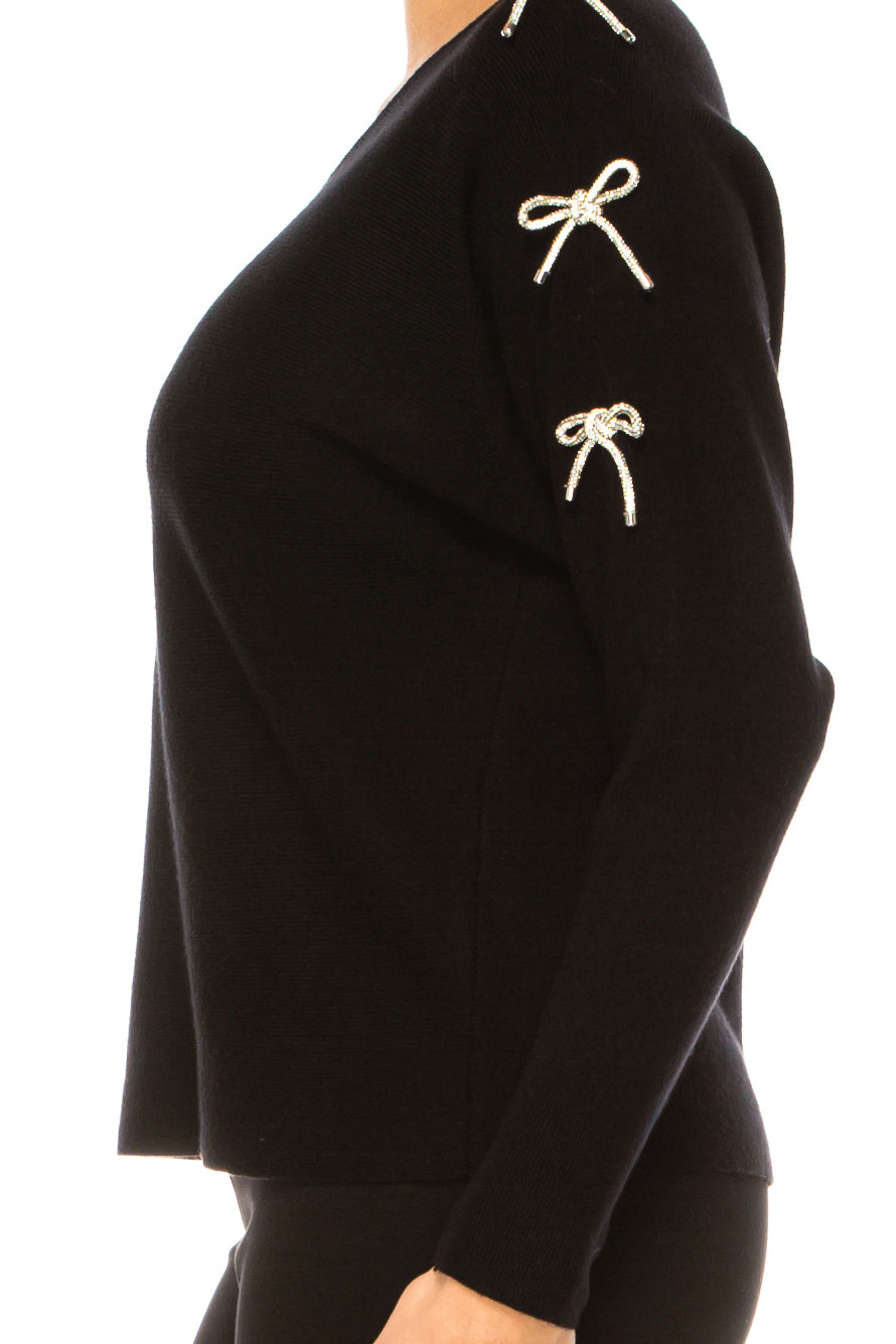 Liv Embellished Bow Sleeve V-Neck Pullover Sweater