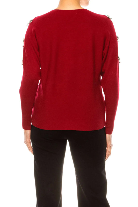 Liv Embellished Bow Sleeve V-Neck Pullover Sweater
