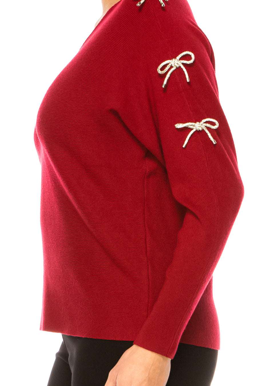 Liv Embellished Bow Sleeve V-Neck Pullover Sweater