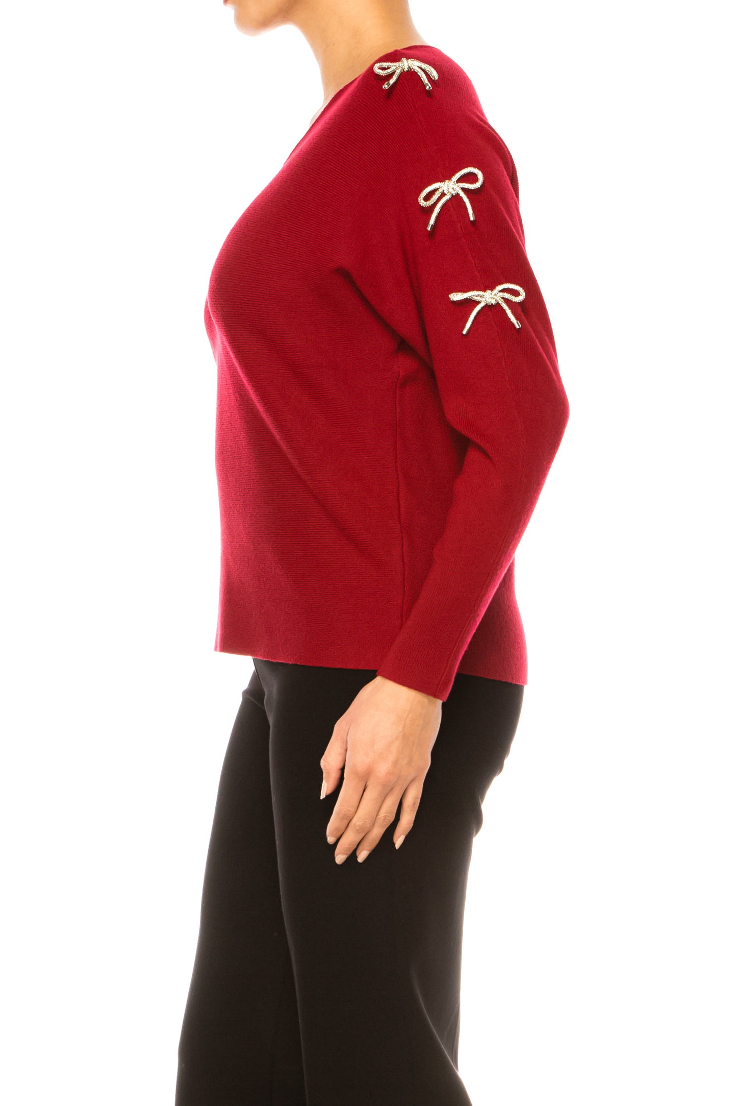 Liv Embellished Bow Sleeve V-Neck Pullover Sweater