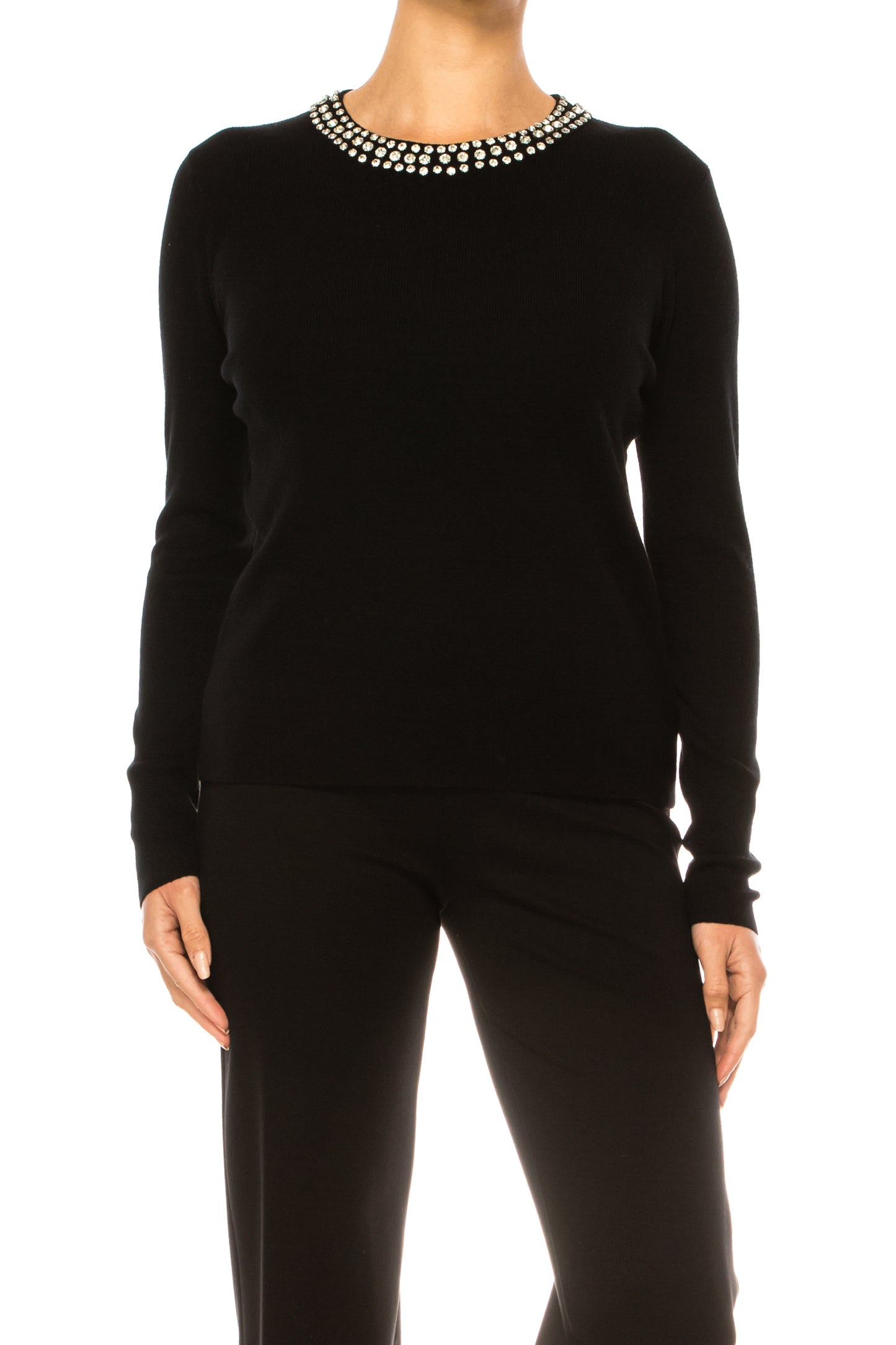 Liv Rhinestone Neck Long Sleeve Pullover Sweater