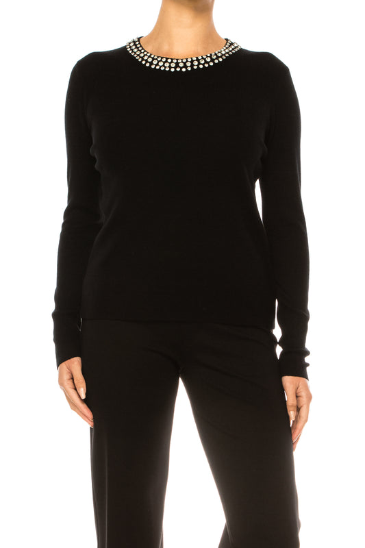 Liv Rhinestone Neck Long Sleeve Pullover Sweater