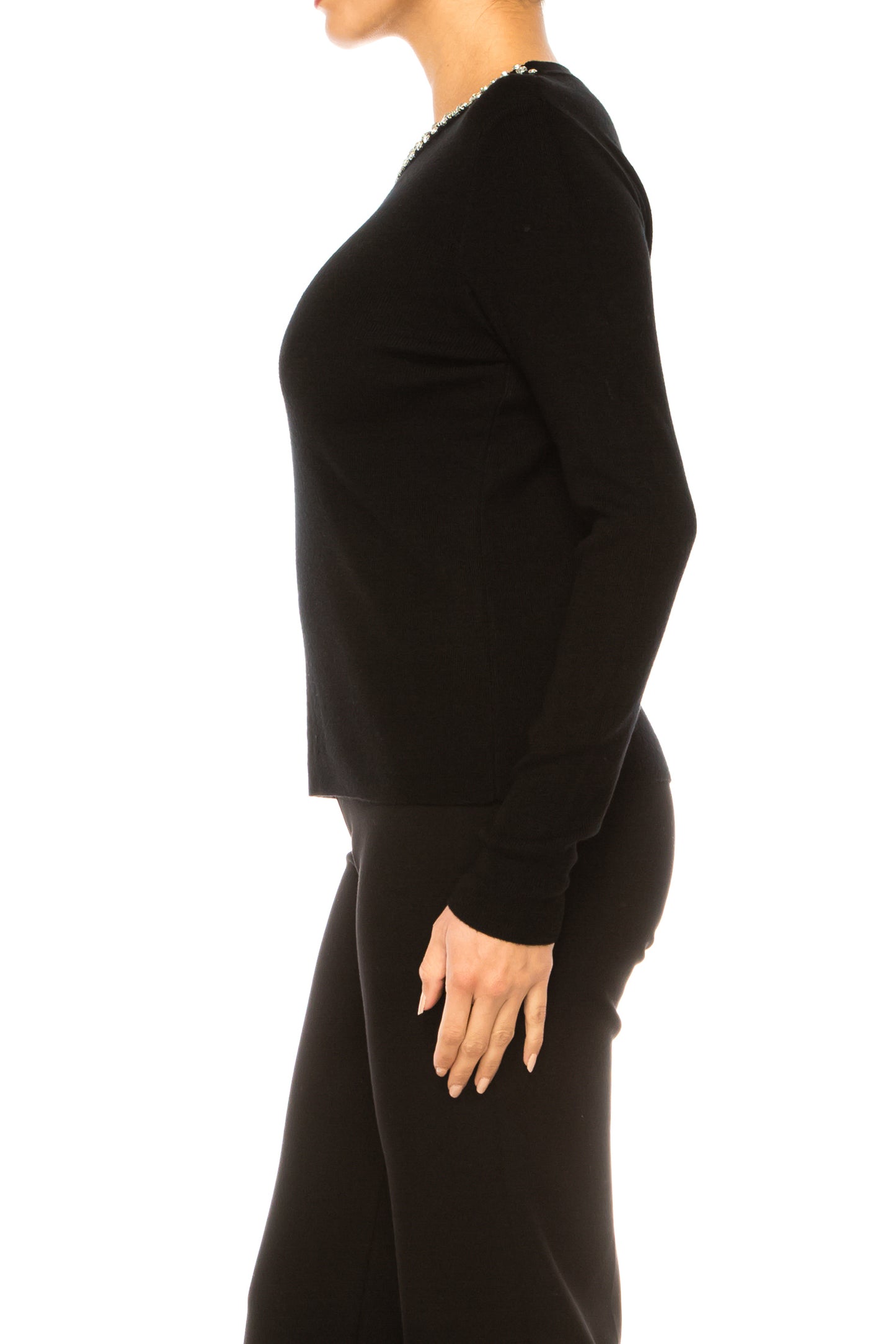 Liv Rhinestone Neck Long Sleeve Pullover Sweater