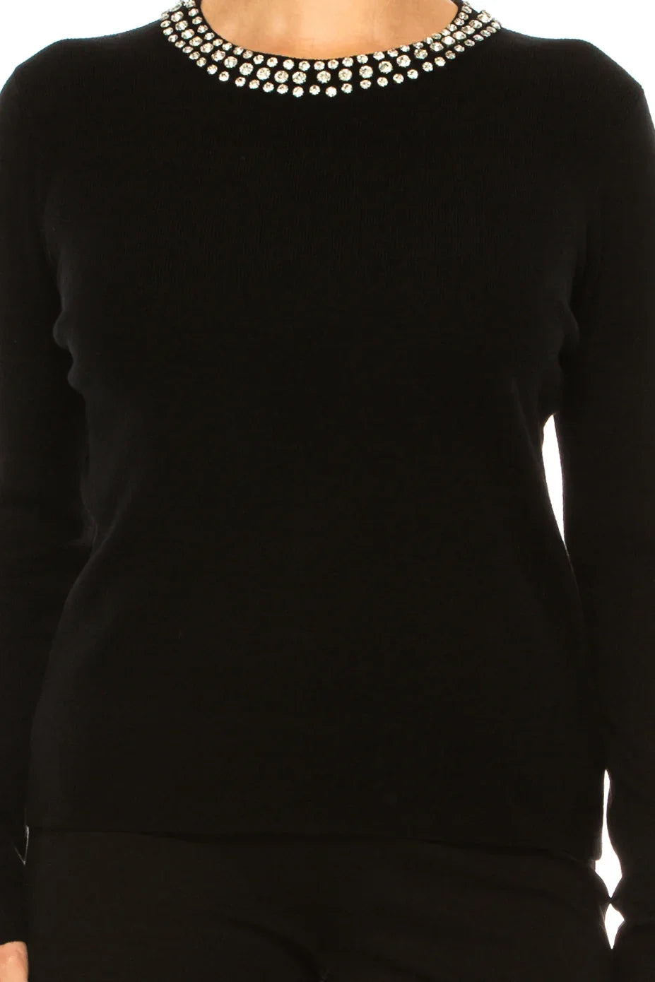 Liv Rhinestone Neck Long Sleeve Pullover Sweater