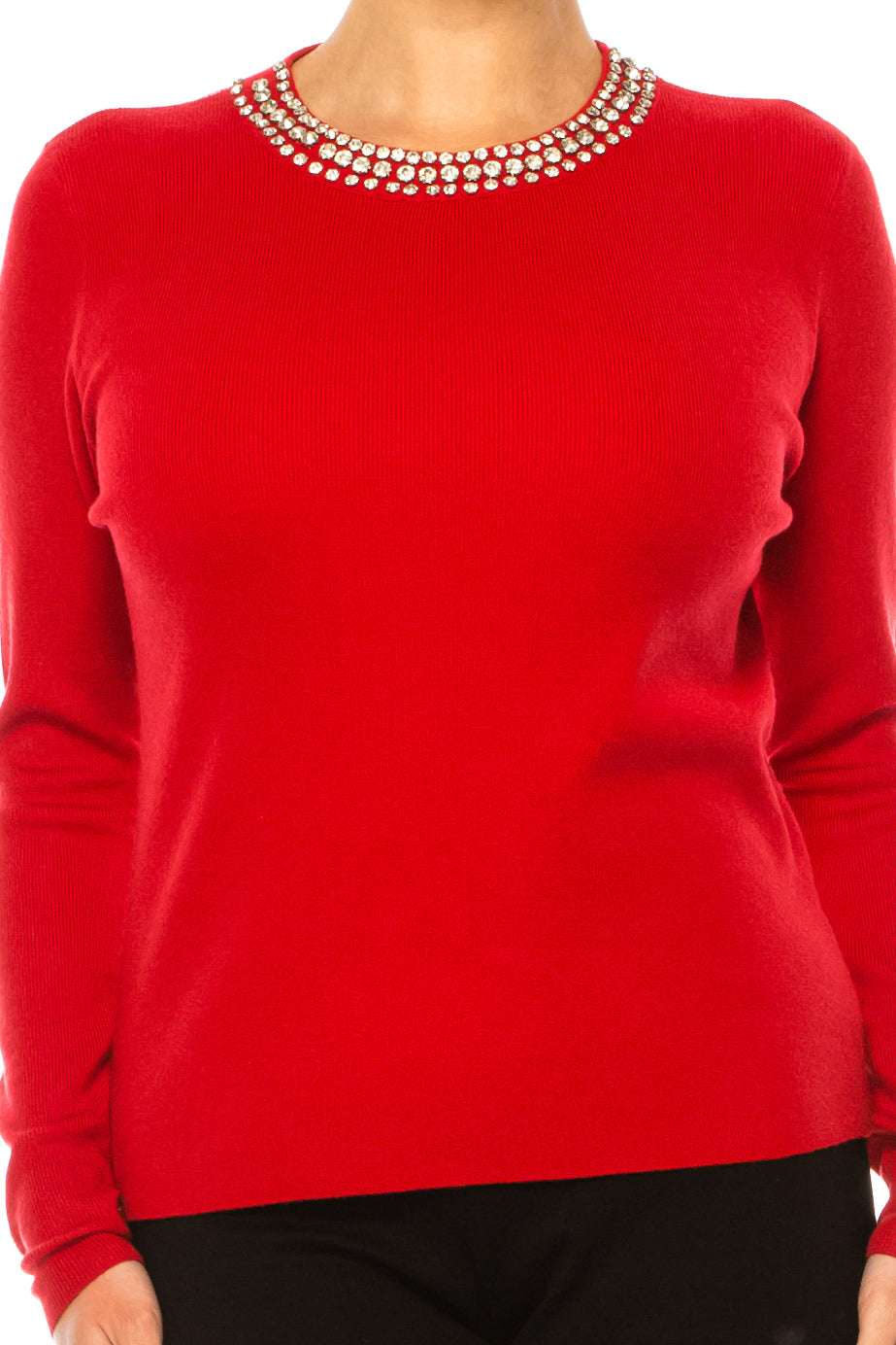Liv Rhinestone Neck Long Sleeve Pullover Sweater