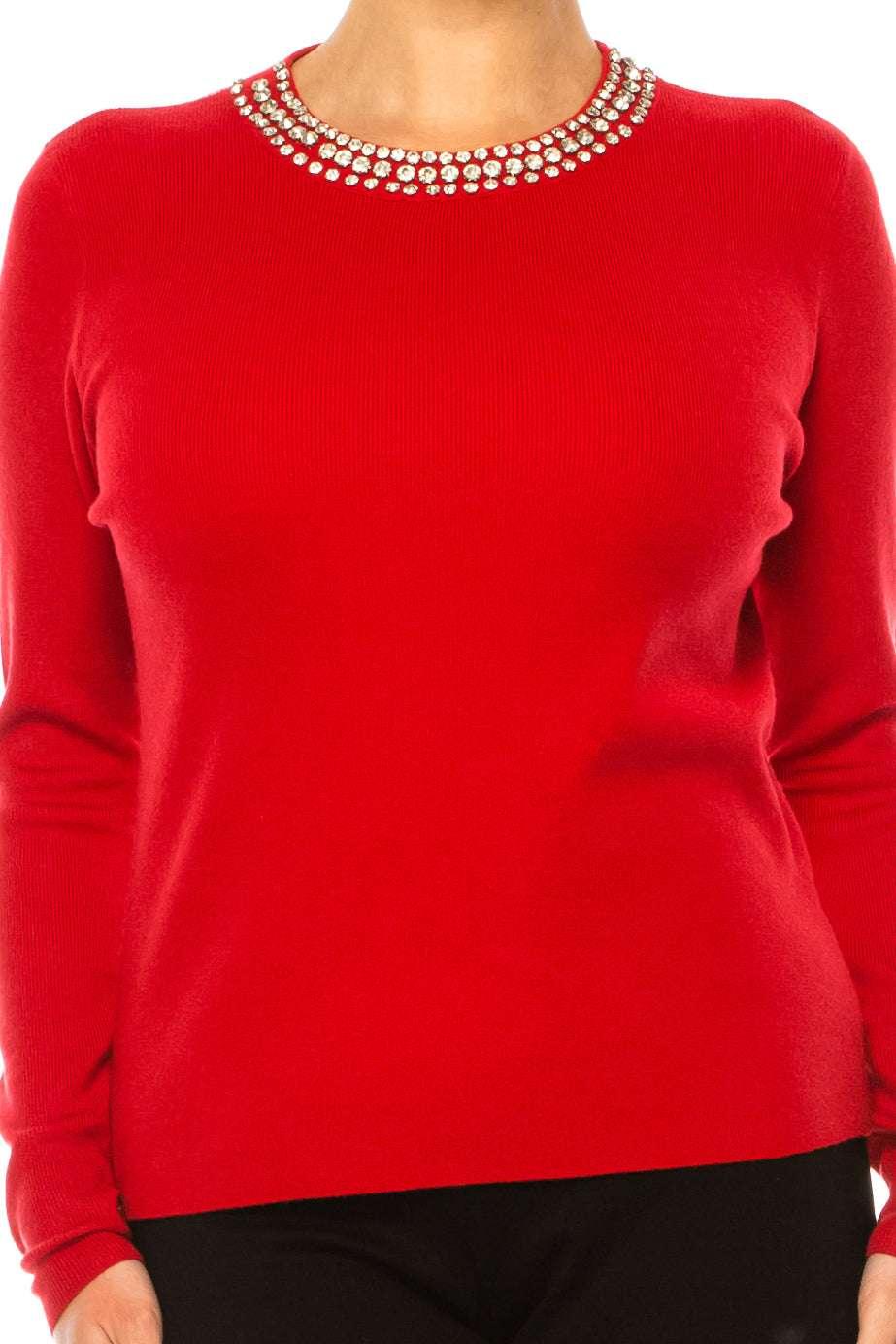 Liv Rhinestone Neck Long Sleeve Pullover Sweater