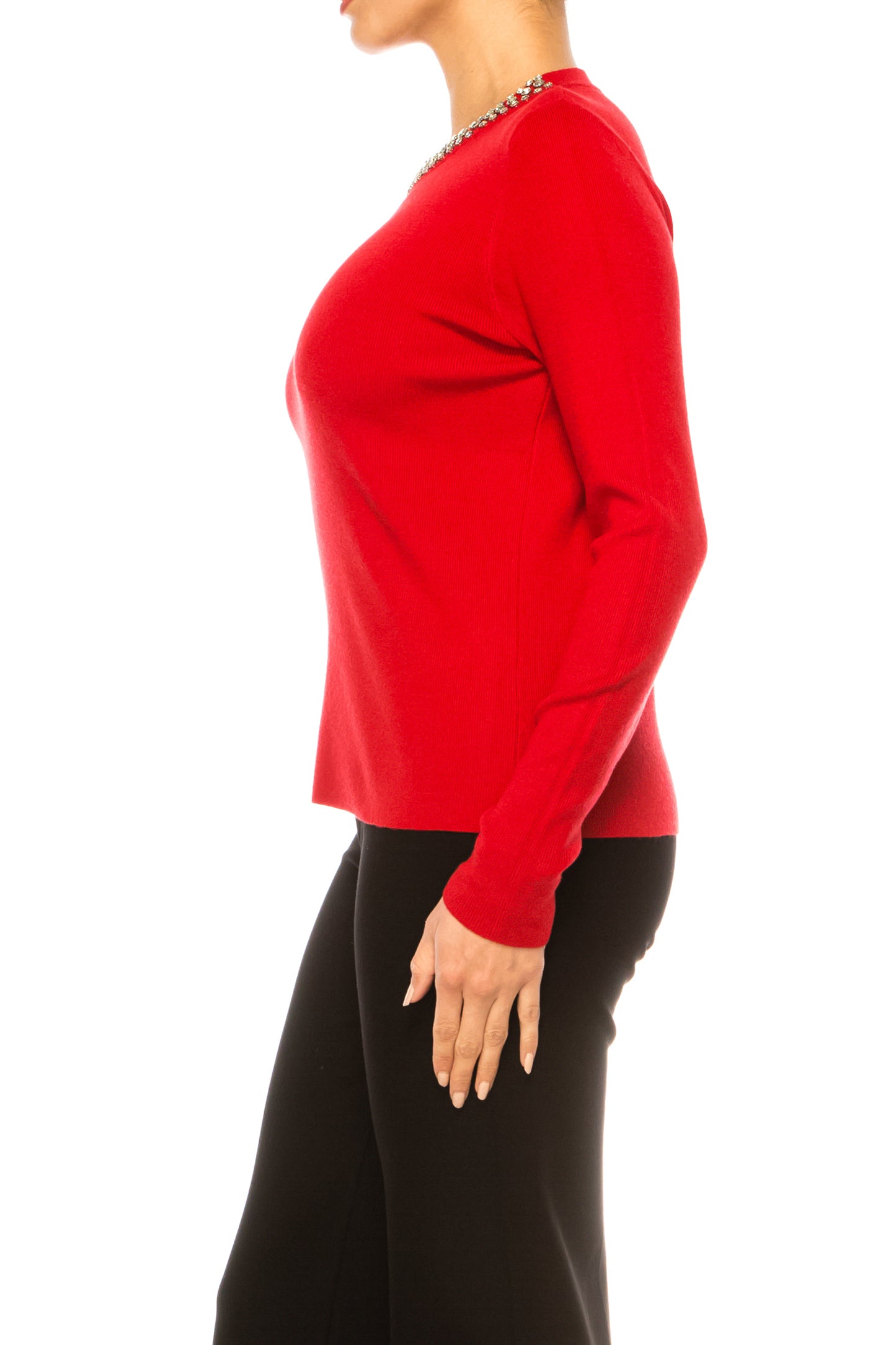 Liv Rhinestone Neck Long Sleeve Pullover Sweater