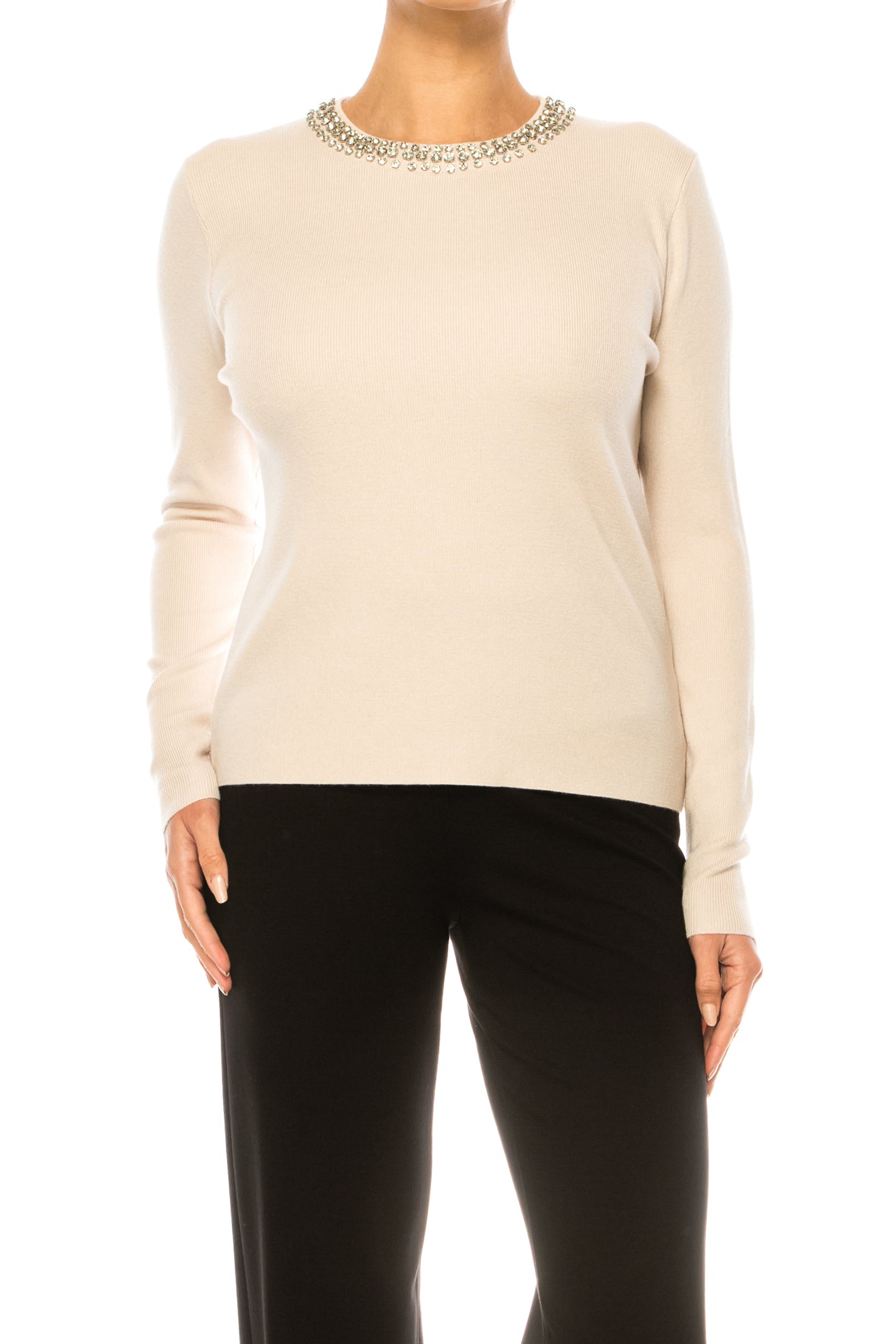 Liv Rhinestone Neck Long Sleeve Pullover Sweater