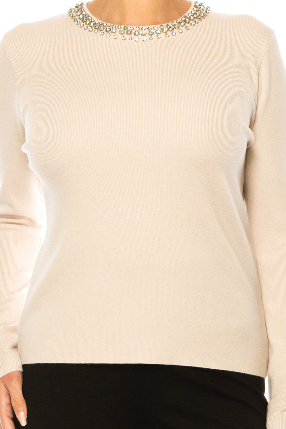 Liv Rhinestone Neck Long Sleeve Pullover Sweater