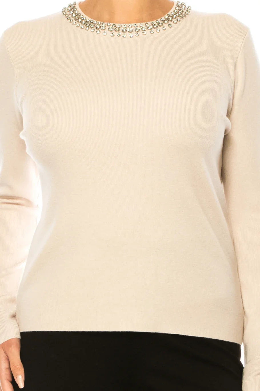Liv Rhinestone Neck Long Sleeve Pullover Sweater