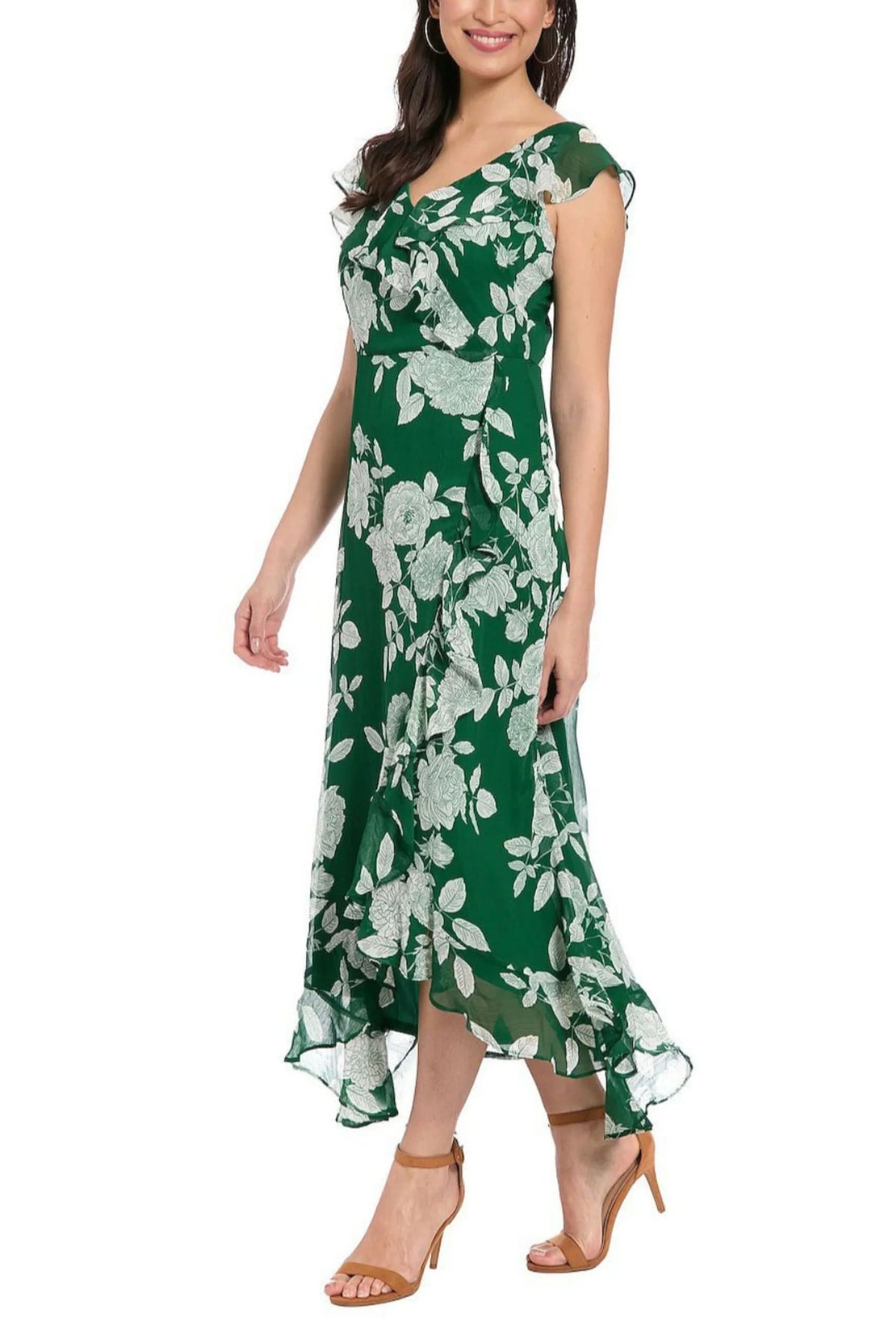 London Times Floral Print Ruffle Detail Maxi Dress