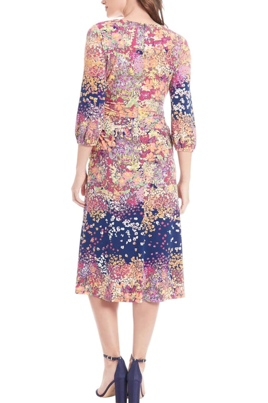 London Times Flower Print A-Line Midi Dress