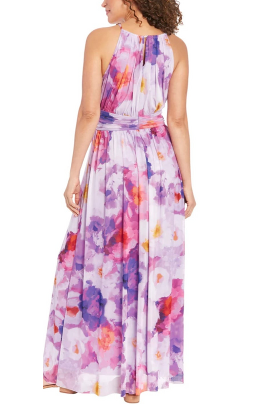 London Times High Neck Floral Mesh Maxi Dress