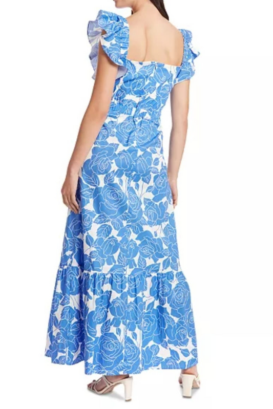 London Times Rose Print Ruffle Sleeve Maxi Dress