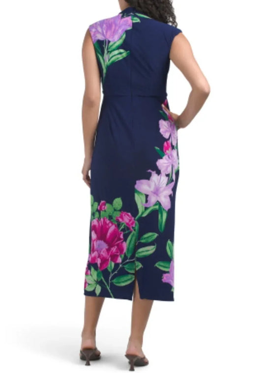 London Times Flower Print Mock Neck Midi Dress