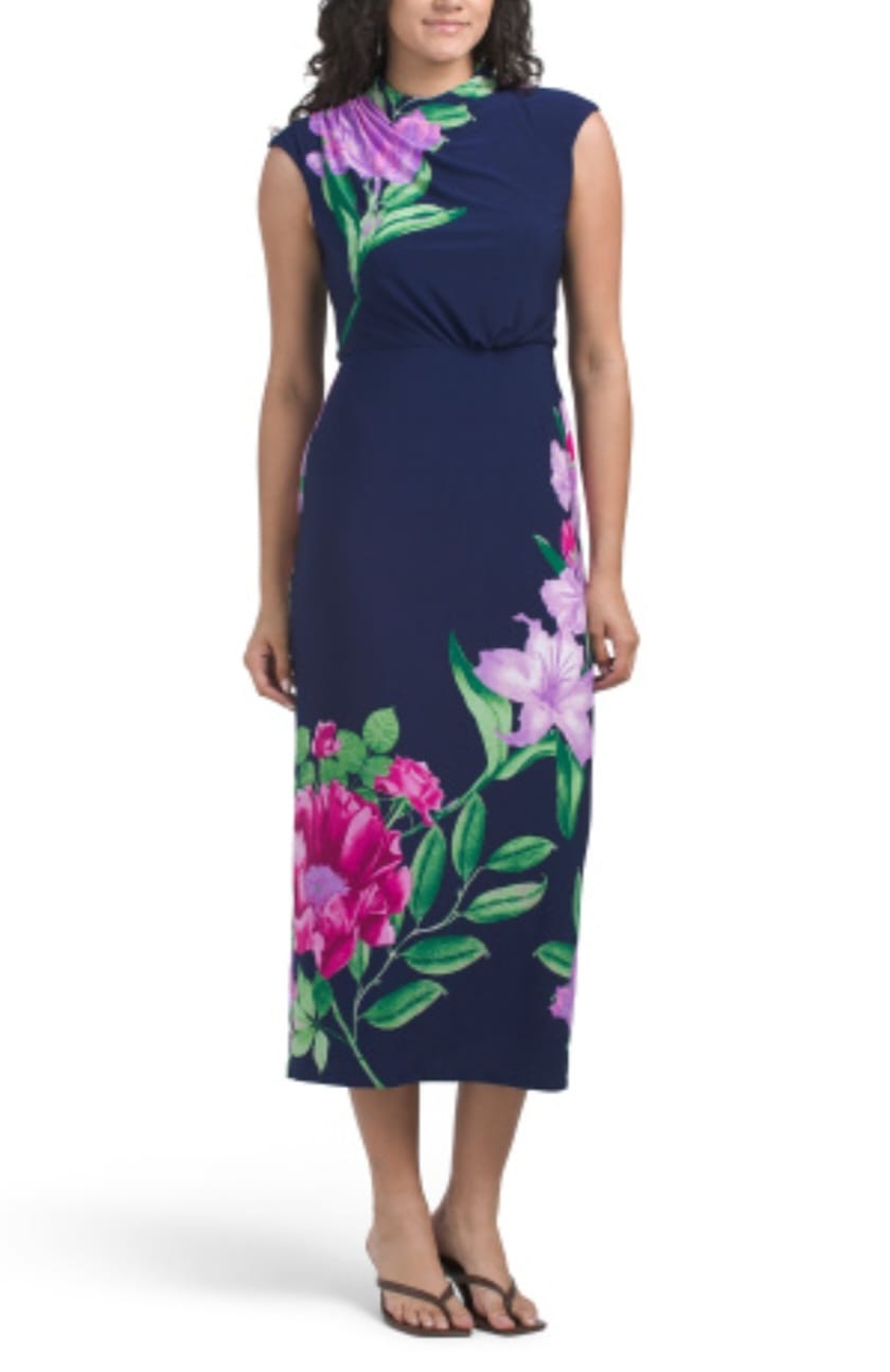 london times midi dresses London Times Flower Print Mock Neck Midi Dress – New Yorker's Apparel