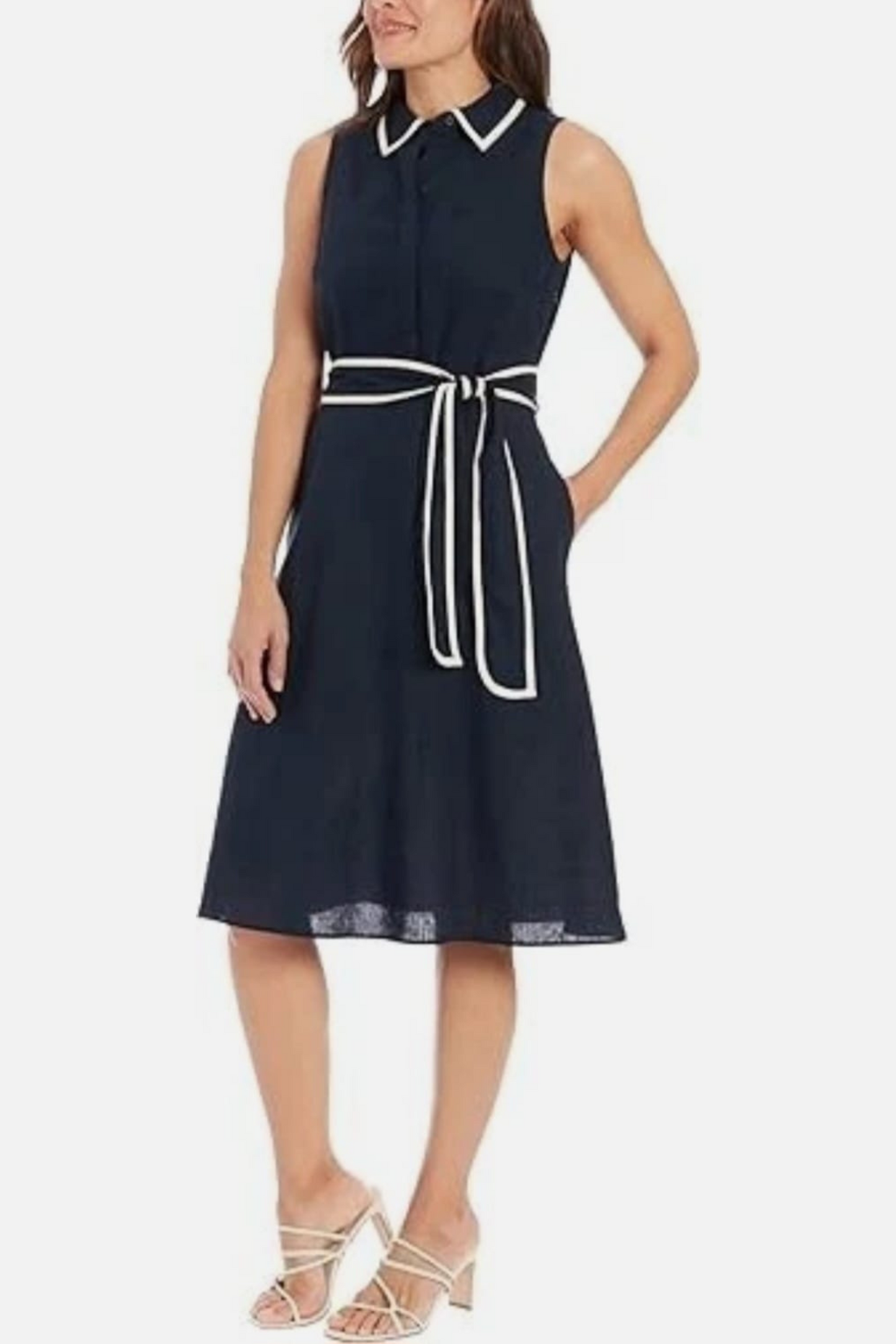 London Times Sleeveless A-Line Belted Dress