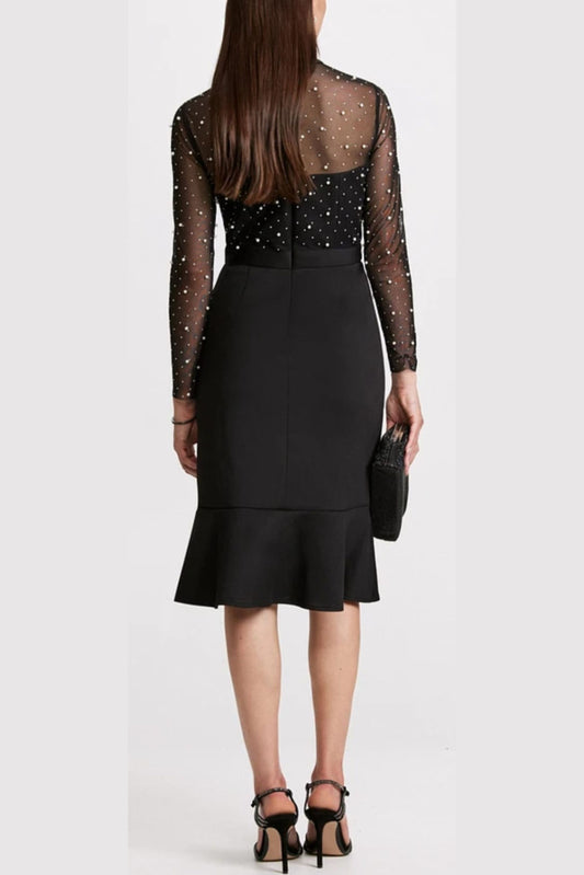 London Times Pearl Illusion Mock Neck Midi Dress