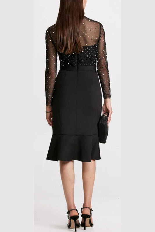 London Times Pearl Illusion Mock Neck Midi Dress
