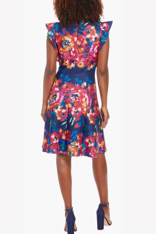 London Times Floral Print Ruffle Sleeve Dress