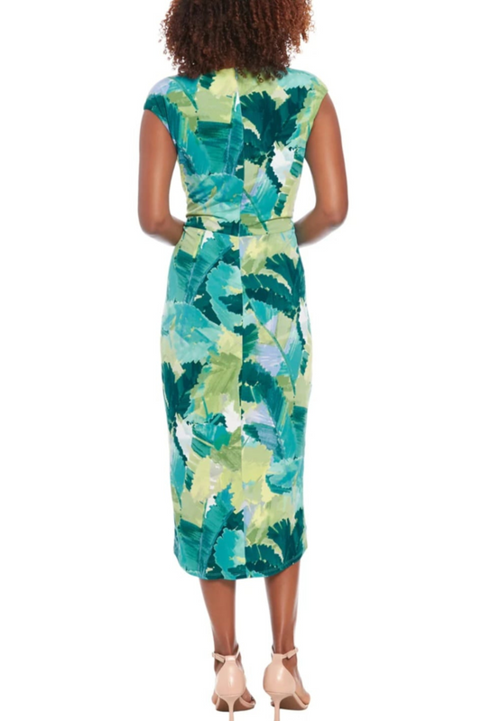 London Times Cap Sleeve Multi Print Midi Dress
