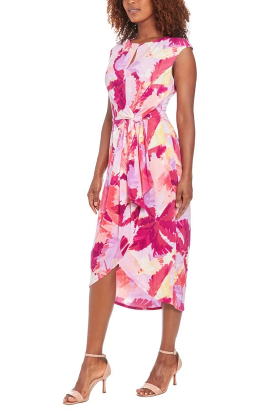 London Times Cap Sleeve Multi Print Midi Dress