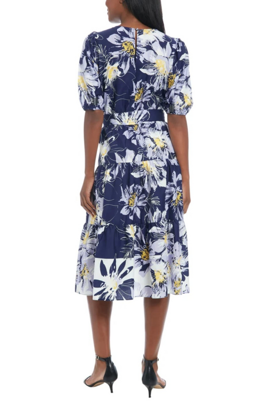 London Times Puff Sleeve Floral Print A-Line Dress