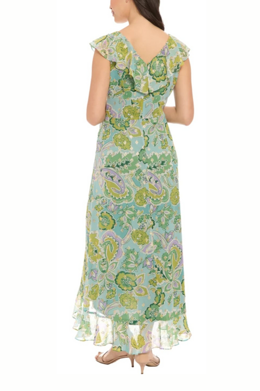 London Times Metallic Flower Print Hi-Lo Maxi Dress