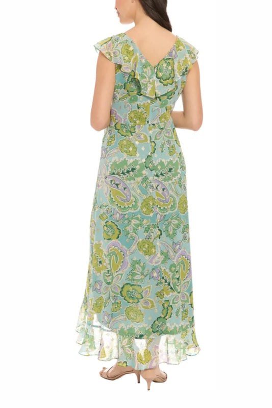 London Times Metallic Flower Print Hi-Lo Maxi Dress