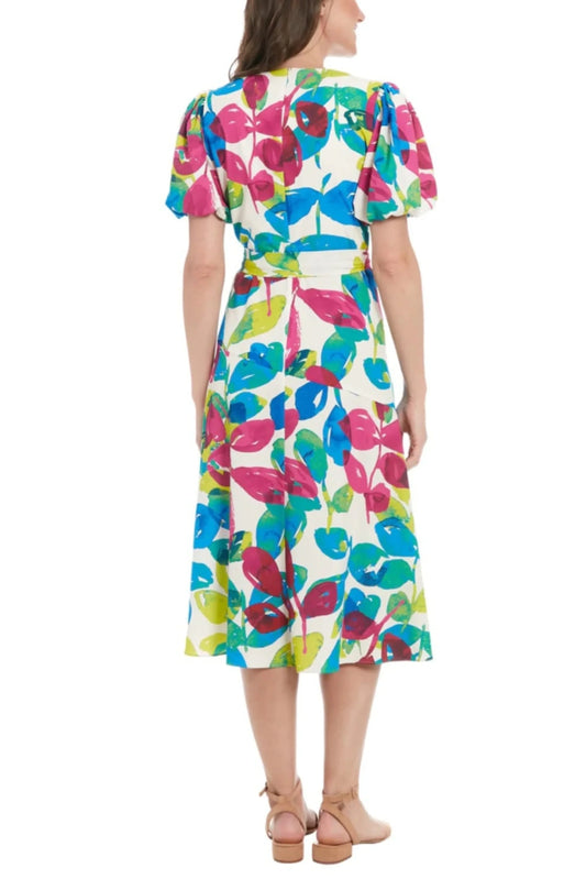 London Times Puff Sleeve Multi Color Midi Dress